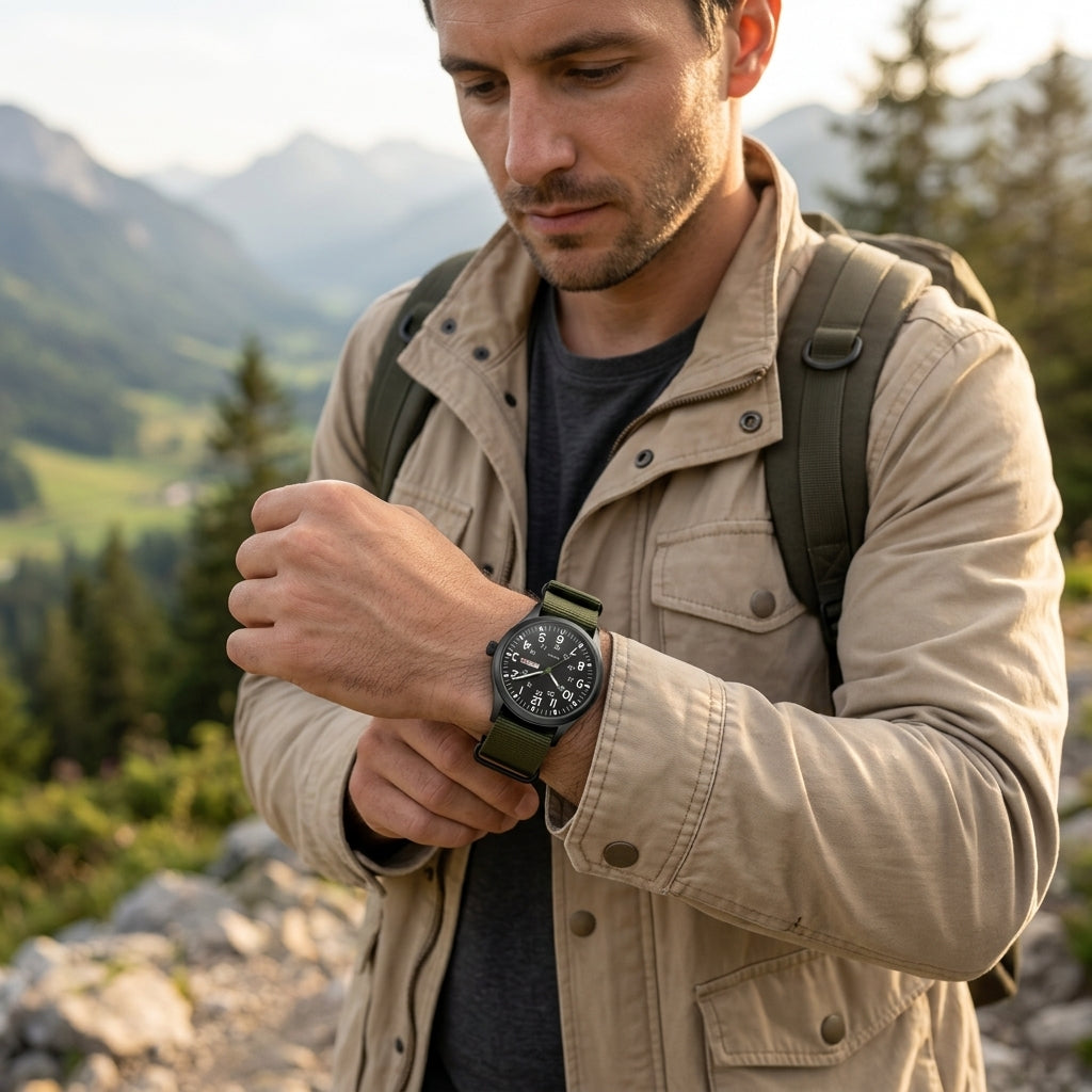 Herrenuhr im Military-Stil mit NATO-Armband, 4,2 cm, 24-Stunden-Anzeige