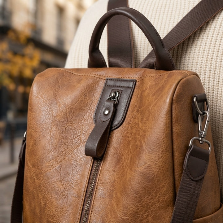 Anti-theft women's backpack, vegan leather, hidden zipper compartment