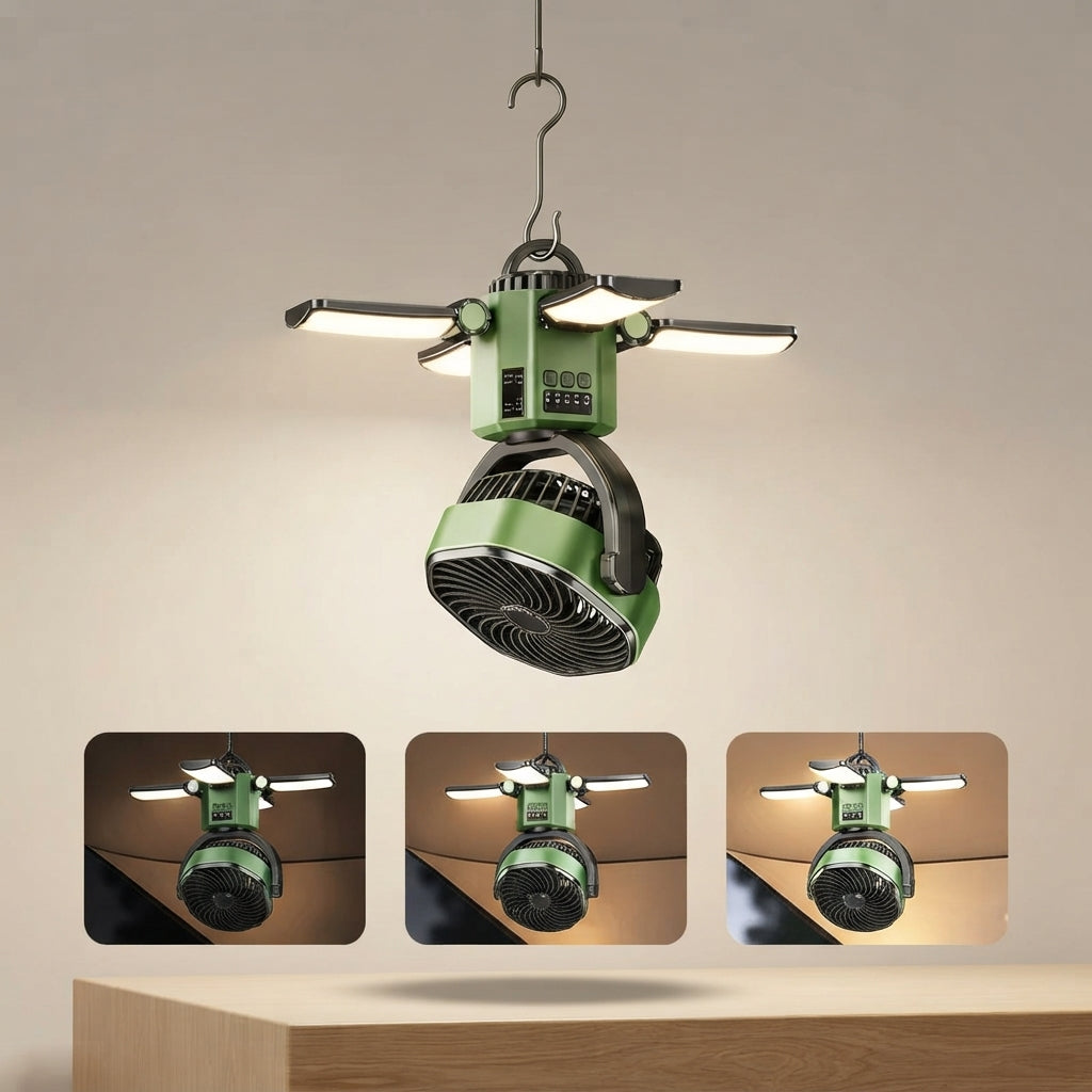 Camping-Ventilator mit LED-Licht und Solar-Powerbank