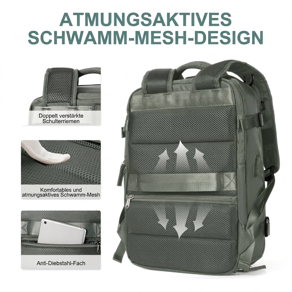 Travel backpack 35 L with USB port and shoe compartment