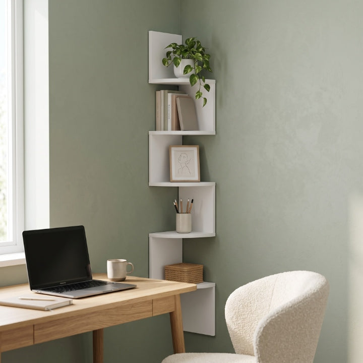 Corner wall shelf with 5 tiers, zigzag design, 125 cm high, wood look