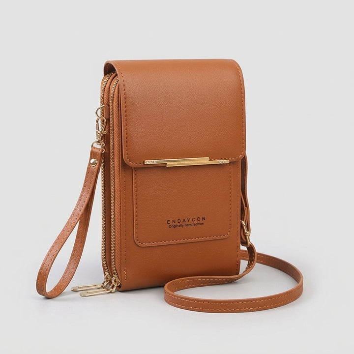 Crossbody phone bag with touchscreen window and card slots, faux leather