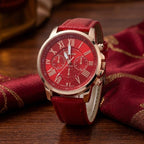 Elegante Damenuhr mit echtem Lederarmband & römischem Zifferblatt