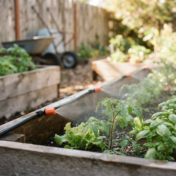 Bewässerungssystem mit Feinnebel-Sprühdüsen für Garten und Terrasse