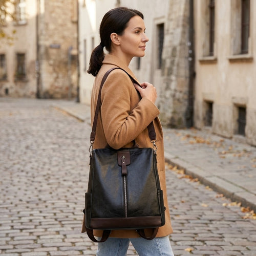 Anti-Diebstahl-Rucksack Damen, veganes Leder, verstecktes Reißverschlussfach