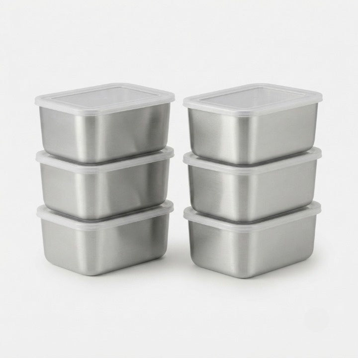 6er-Set Edelstahl-Frischhaltedosen mit Deckel – stapelbar, je 600 ml