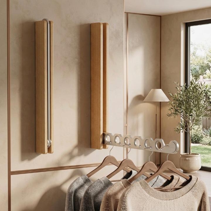 Foldable wall-mounted wooden coat rack with a space-saving design