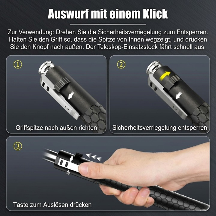 Telescopic steel baton — automatically extends to 53 cm at the push of a button