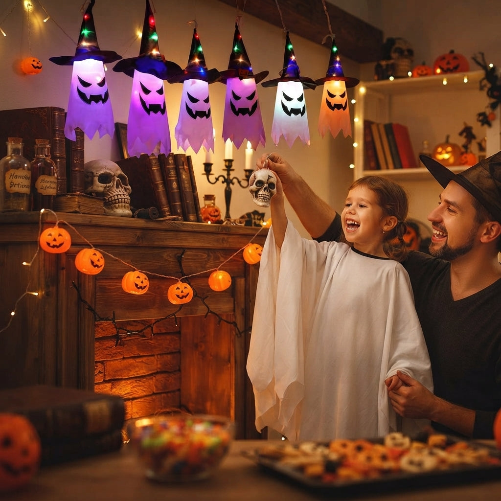 LED-Geisterlichterkette mit Hexenhüten, 5 Geisterlaternen