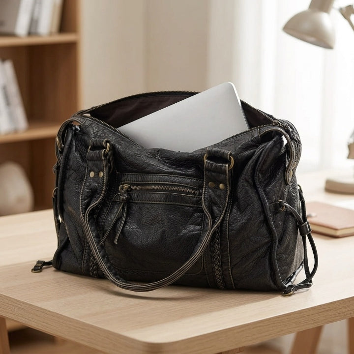 Handtasche aus PU-Leder mit Vintage-Waschung, Laptopfach, 38 × 16 × 29 cm, Gold-Metallic-Details