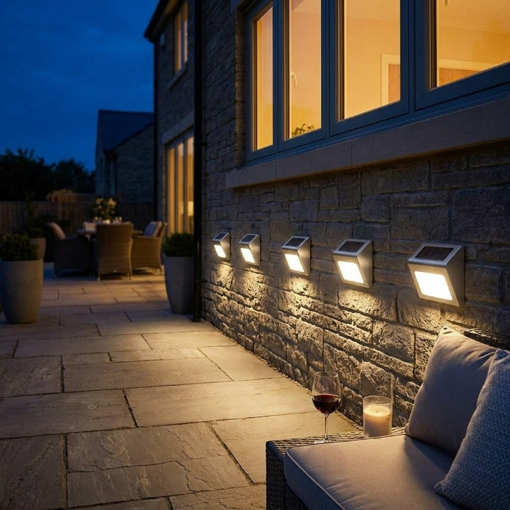 Solar outdoor wall lights, 6-piece set, stainless steel, IP44, dusk sensor