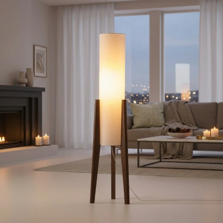 Skandinavische Stehlampe 130 cm — Walnussholz, Touch-Dimmer, 3 Lichtfarben