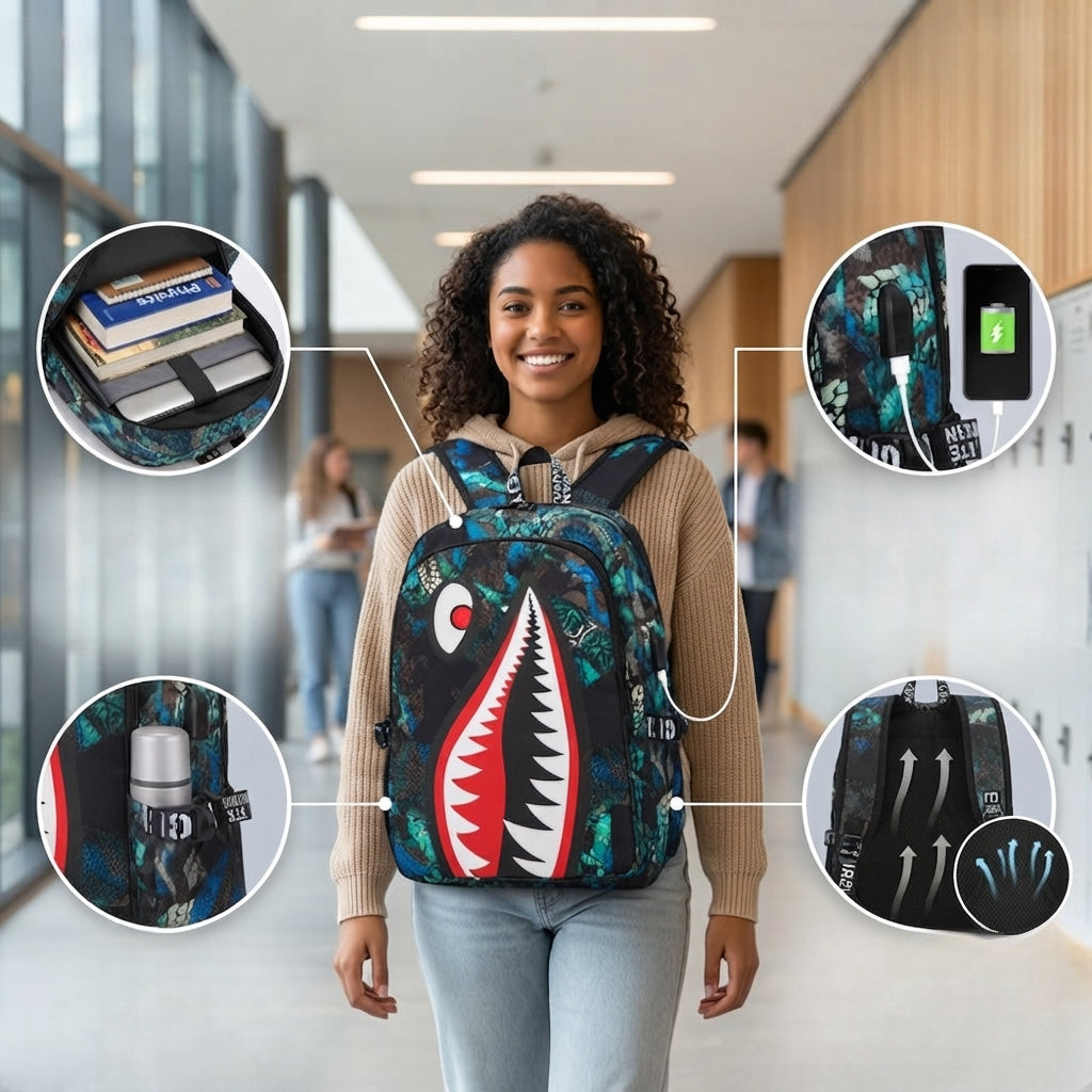Kinder-Rucksack Hai-Motiv mit USB-Anschluss