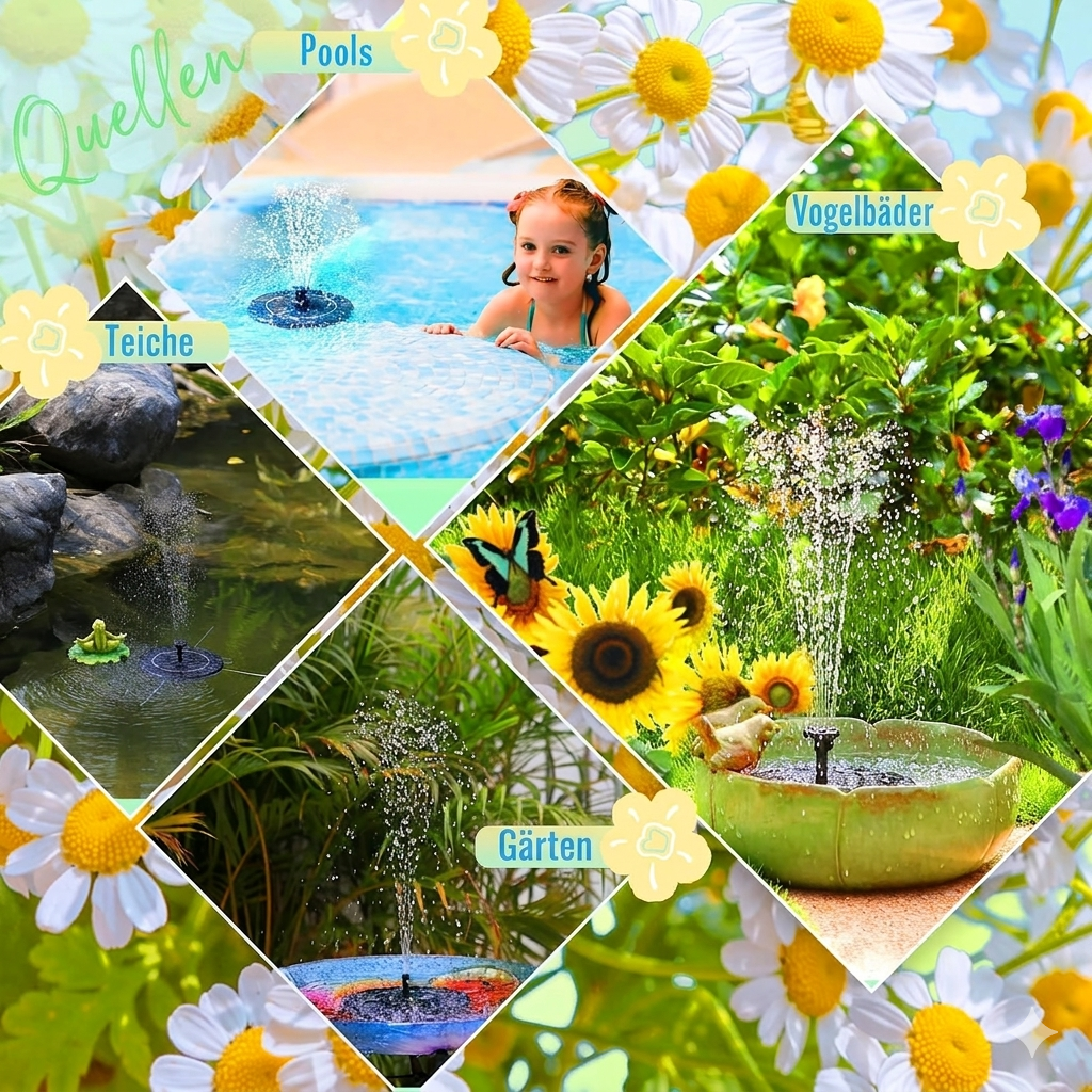 Solar-Springbrunnen — kabellos, 4 Düsen, für Vogelbad, Teich & Pool