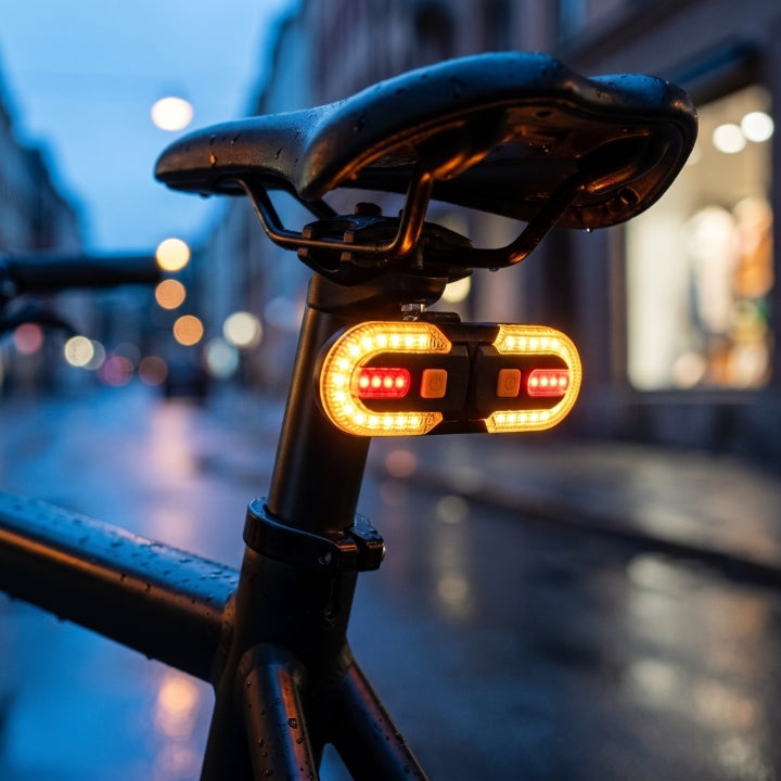 Bicycle rear light with turn signals and remote control, wireless, 600-mAh battery