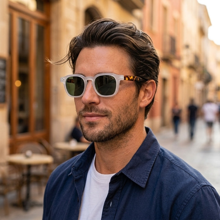Square sunglasses with UV400 protection, scratch-resistant lenses, frame width 14.4 cm