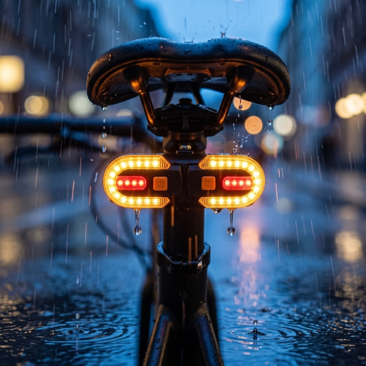 Bicycle rear light with turn signals and remote control, wireless, 600-mAh battery