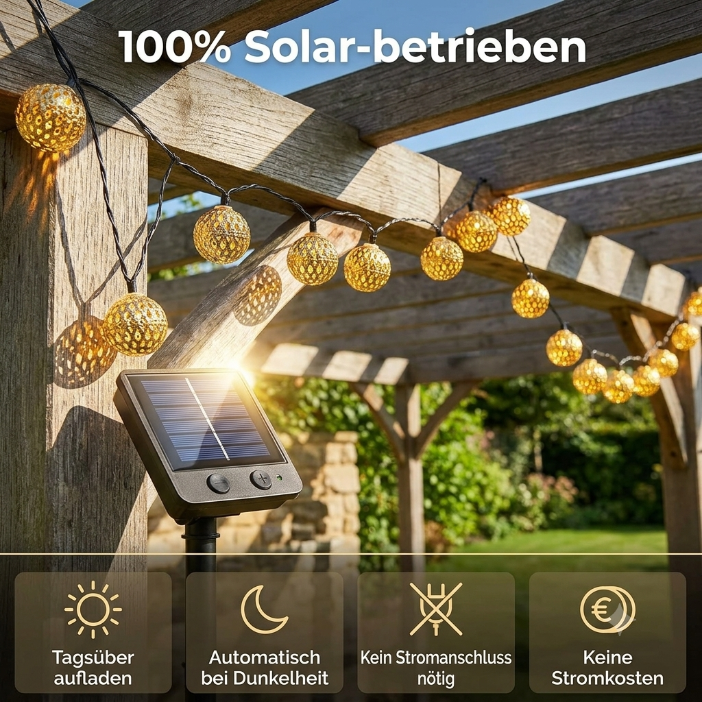 Solar String Lights Moroccan 12m – 100 LED Balls, Warm White, Waterproof