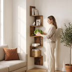 Corner wall shelf with 5 tiers, zigzag design, 125 cm high, wood look
