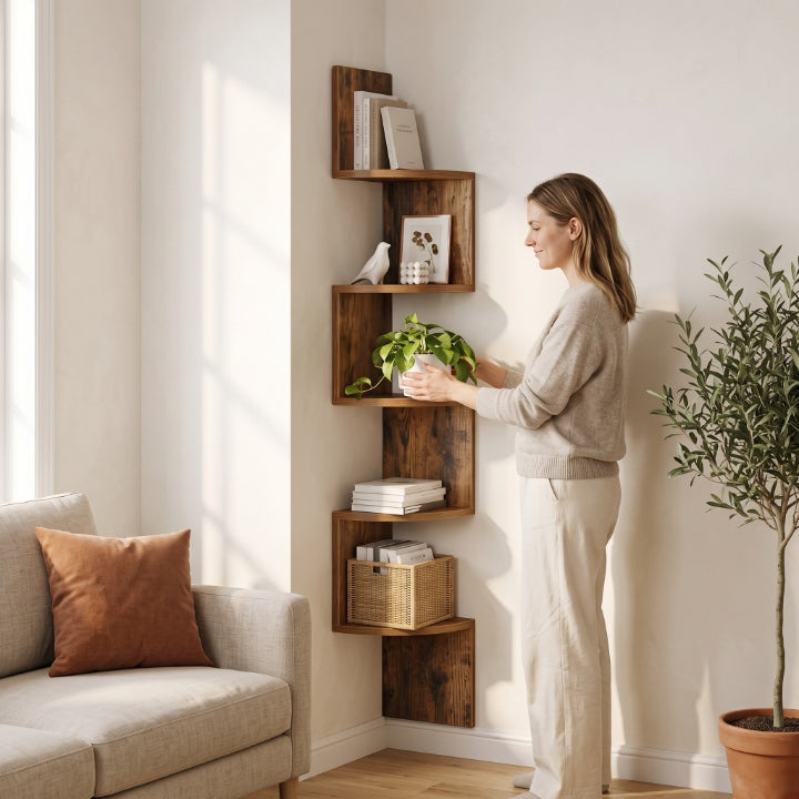 Corner wall shelf with 5 tiers, zigzag design, 125 cm high, wood look