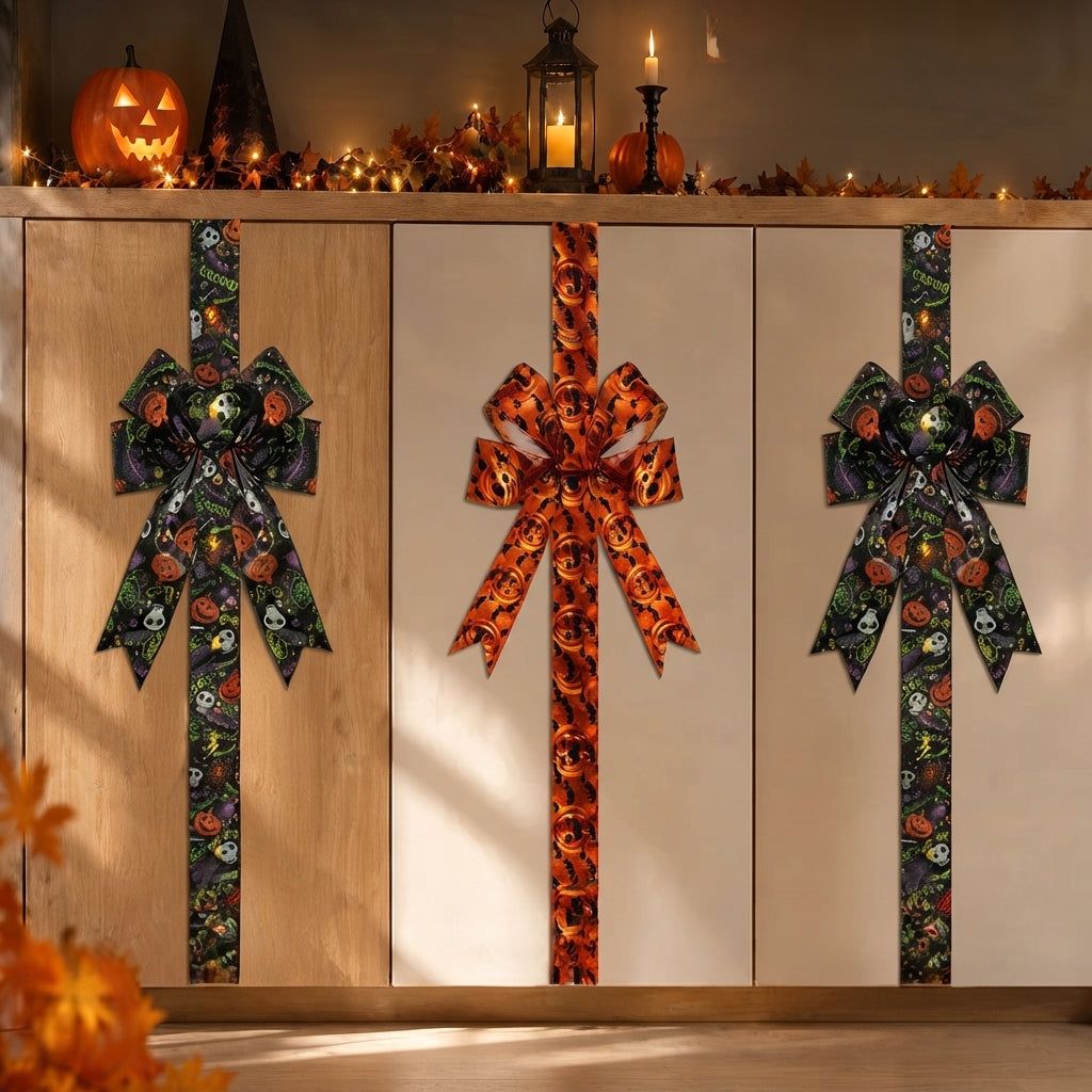 Leuchtende Halloween-Türschleife mit Kürbismotiv