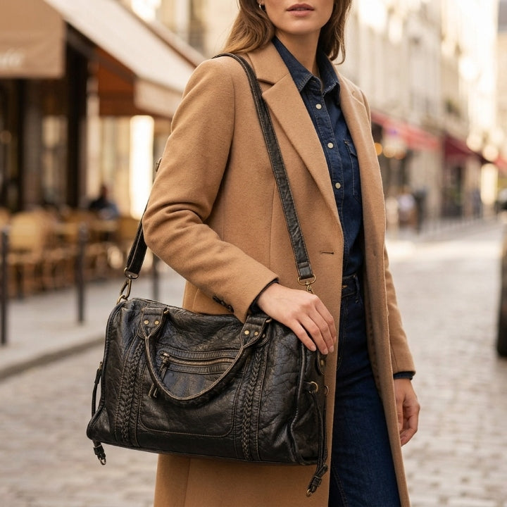 Handtasche aus PU-Leder mit Vintage-Waschung, Laptopfach, 38 × 16 × 29 cm, Gold-Metallic-Details