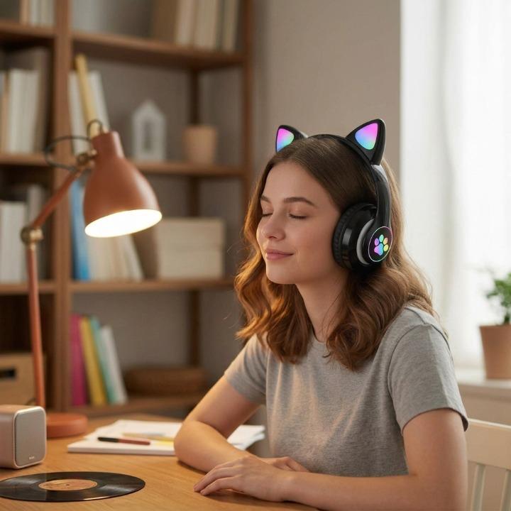Gaming headset cat ear design with LED lighting
