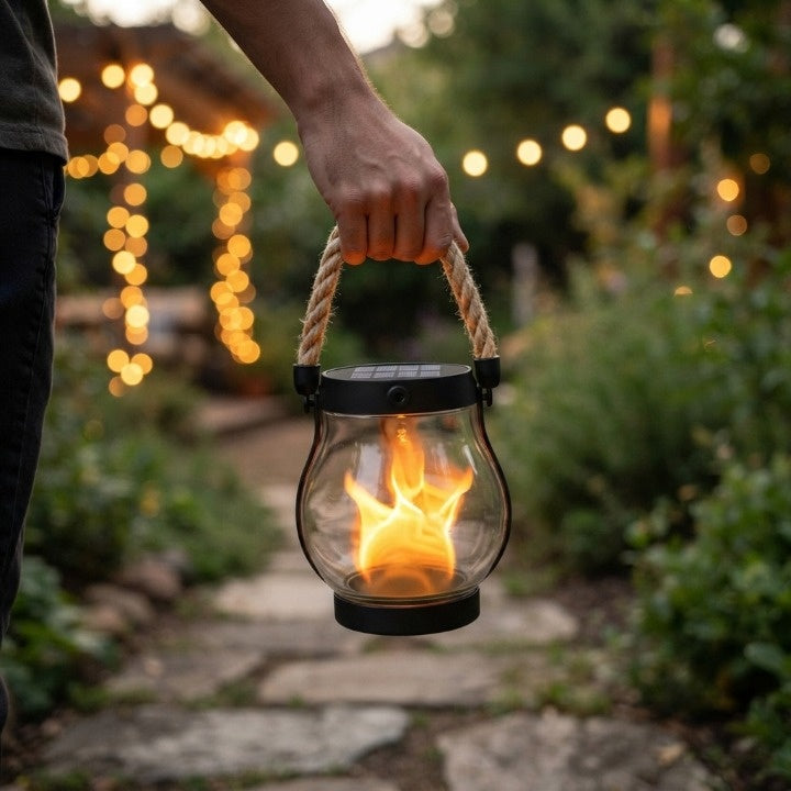 Solar flame lantern with real flicker effect — mood lighting for garden & terrace