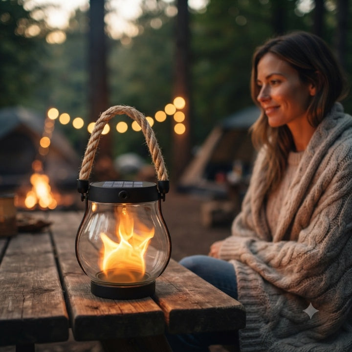 Solar flame lantern with real flicker effect — mood lighting for garden & terrace