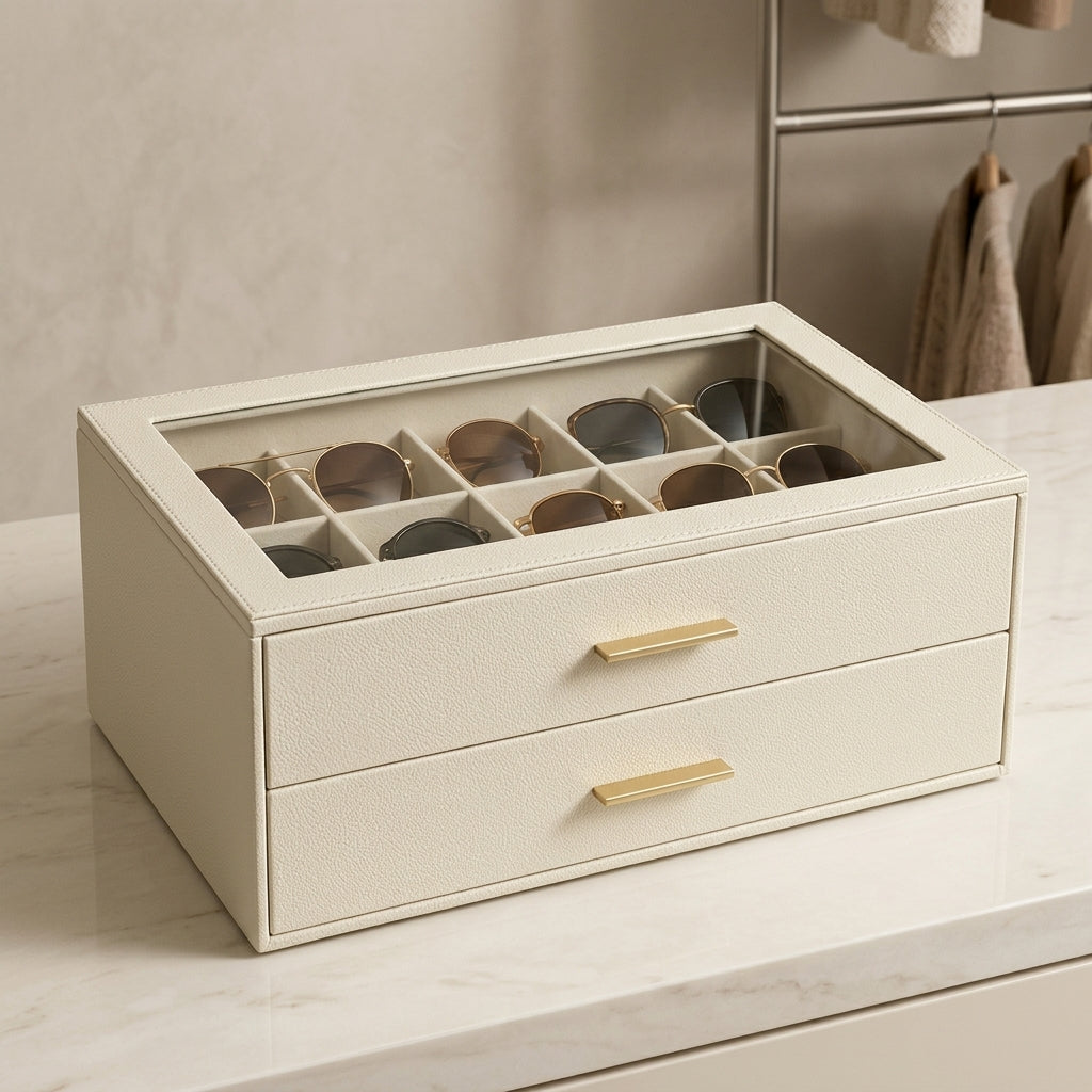 Sonnenbrillen-Organizer PU-Leder 2-stöckig mit Glasdeckel