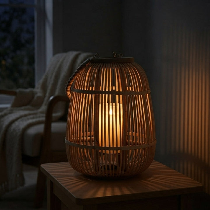 Rattan Laterne mit LED-Kerze, handgeflochten, flammenlos — in Oval, Rund oder Pyramide