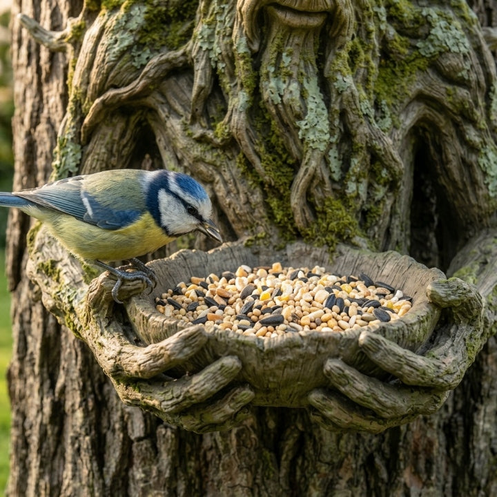 Tree-face bird feeder with bowl, resin, weather-resistant, 13.5 cm