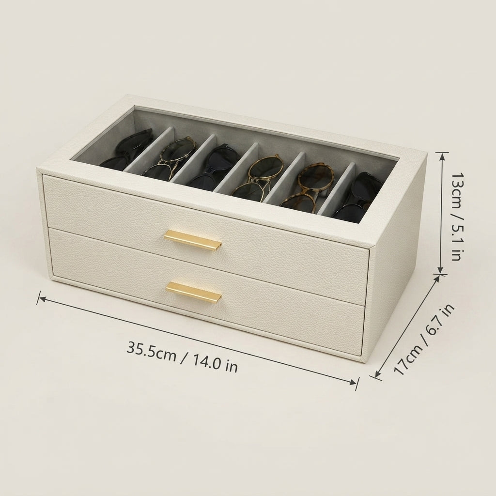 Sonnenbrillen-Organizer PU-Leder 2-stöckig mit Glasdeckel