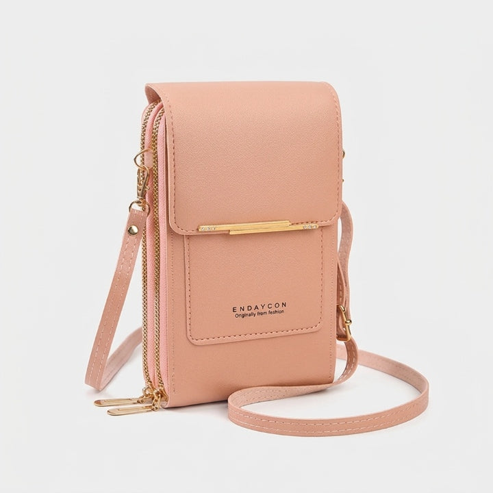 Crossbody phone bag with touchscreen window and card slots, faux leather