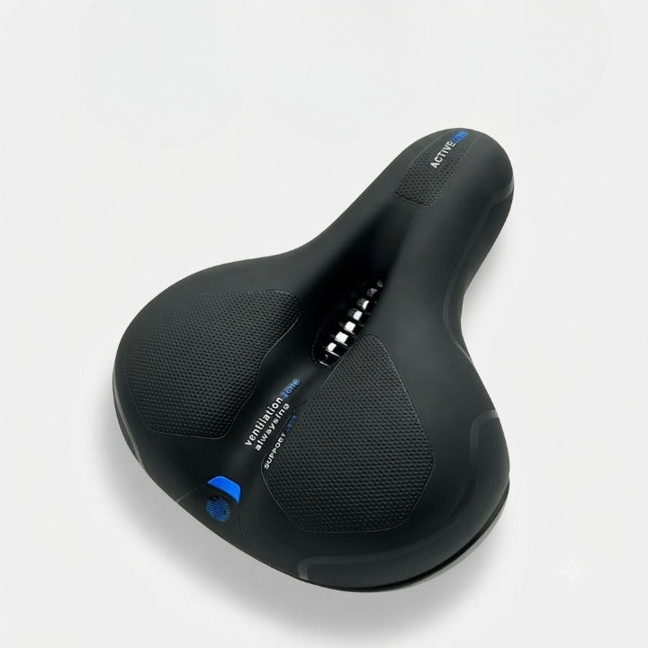 Ergonomic bicycle saddle with padding and reflector strips