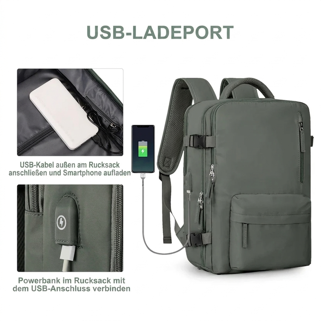 Travel backpack 35 L with USB port and shoe compartment