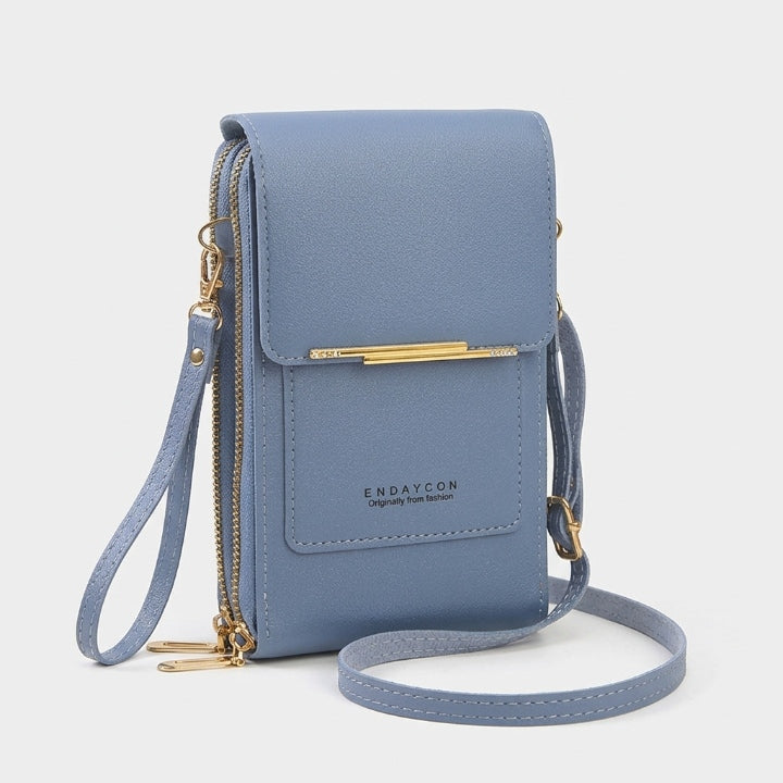 Crossbody phone bag with touchscreen window and card slots, faux leather