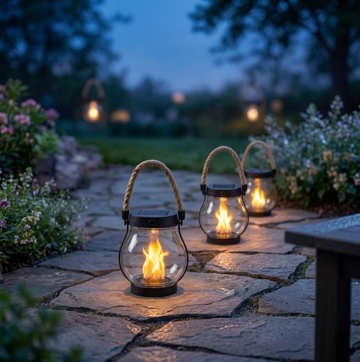 Solar flame lantern with real flicker effect — mood lighting for garden & terrace