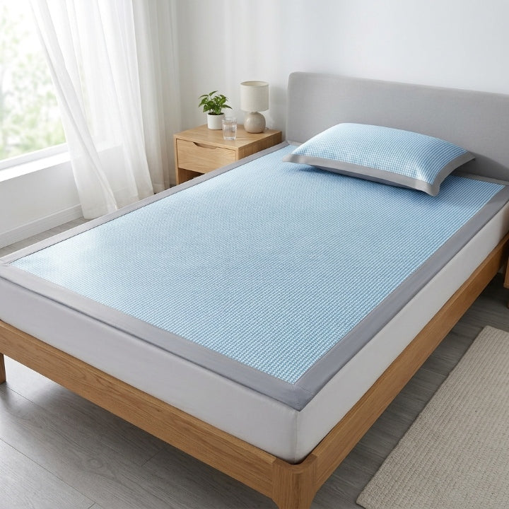 Cooling mattress protector set with pillowcase, ice silk fiber, washable