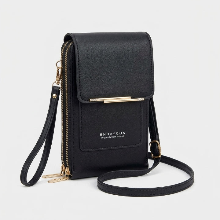 Crossbody phone bag with touchscreen window and card slots, faux leather