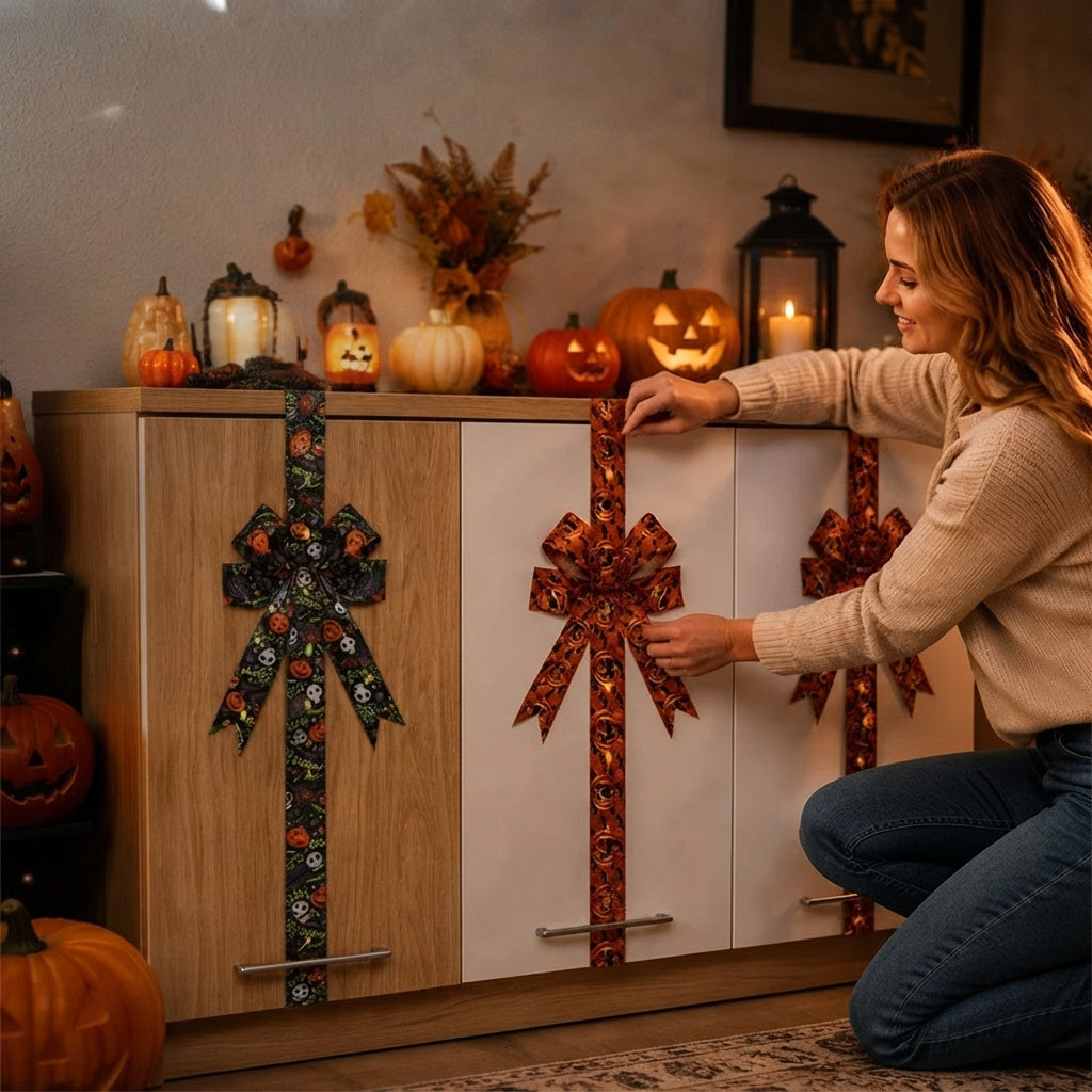 Leuchtende Halloween-Türschleife mit Kürbismotiv