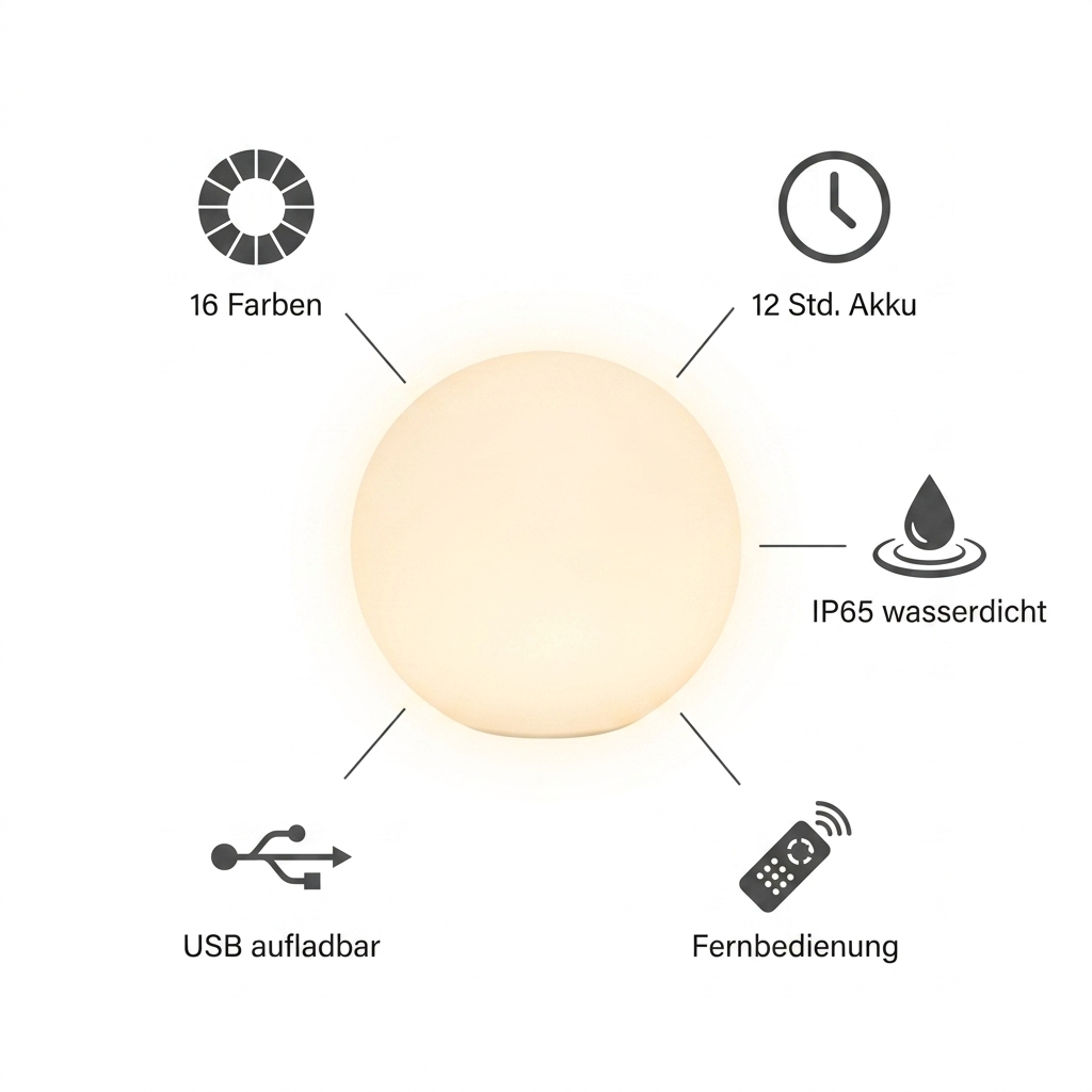 LED-Kugelleuchte Farbwechsel wasserdicht – IP65, 16 Farben, USB aufladbar