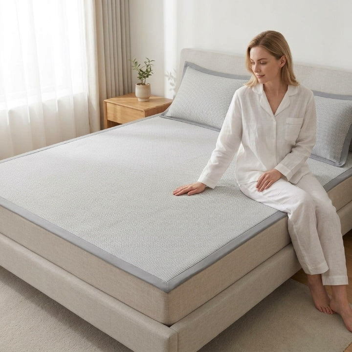 Cooling mattress protector set with pillowcase, ice silk fiber, washable