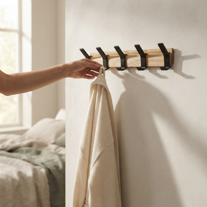 Wall coat rack with 5 double hooks – Wood & aluminum