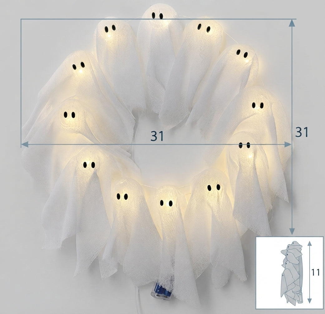 Geister-Kranz LED beleuchtet – 31 cm für Tür und Fenster
