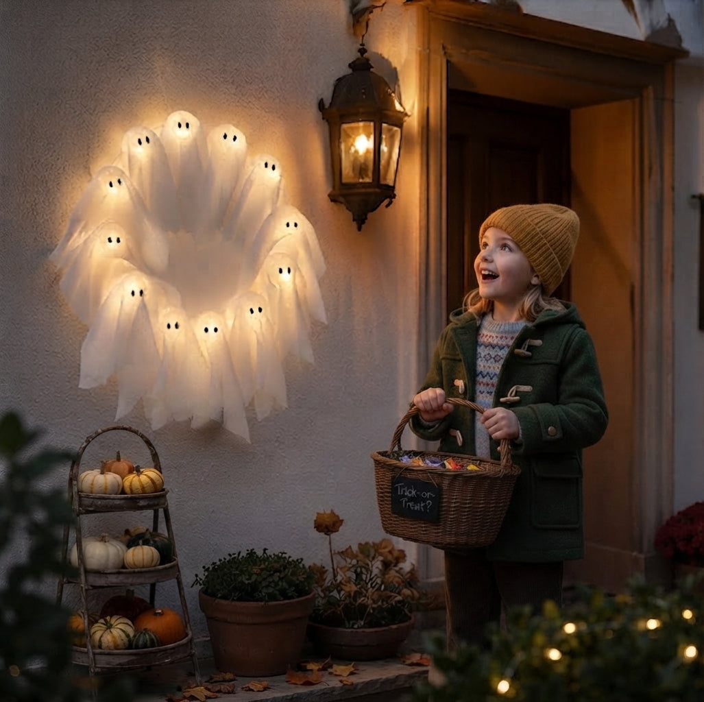 Geister-Kranz LED beleuchtet – 31 cm für Tür und Fenster