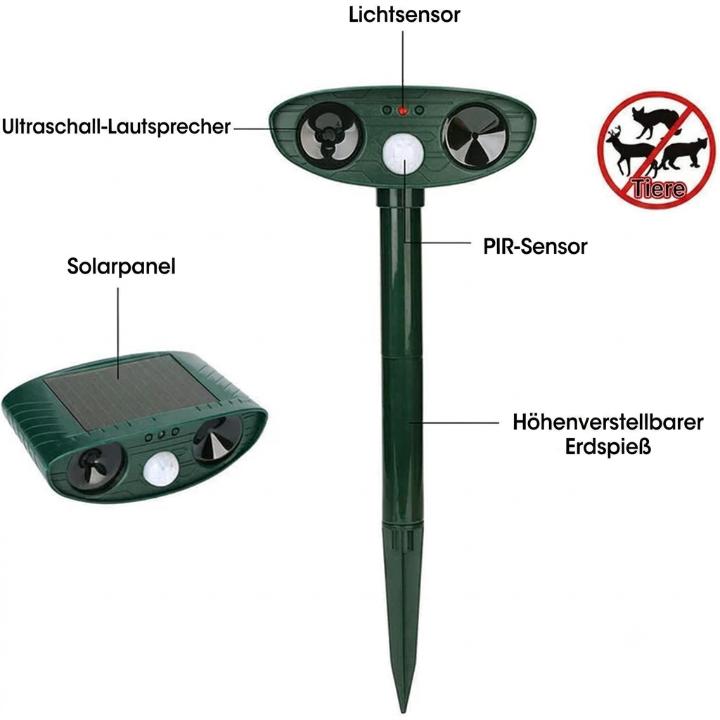 Ultraschall-Tierabwehr Solar – PIR-Bewegungsmelder 110°, IP44, 13–40 kHz