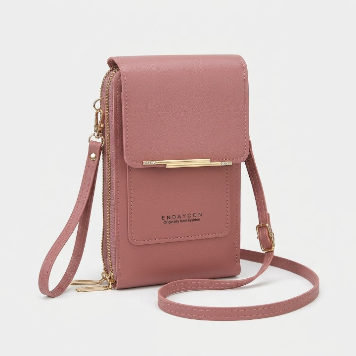 Crossbody phone bag with touchscreen window and card slots, faux leather