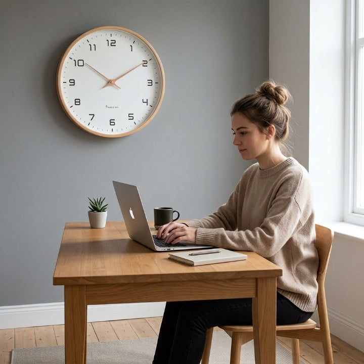 Silent wooden wall clock with quartz movement, Ø 25/30 cm, rose gold hands, Scandinavian design