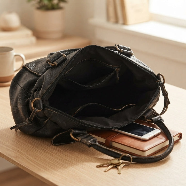 Handtasche aus PU-Leder mit Vintage-Waschung, Laptopfach, 38 × 16 × 29 cm, Gold-Metallic-Details